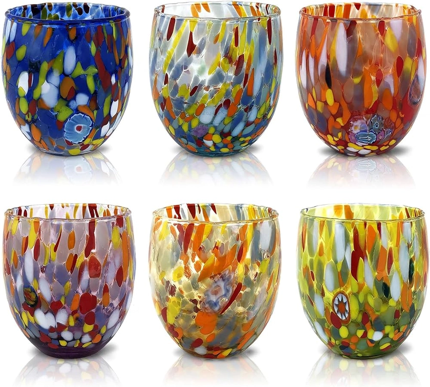 MAZZEGA ART & DESIGN - 6 Verres à Eau Goto, Soufflé et Fait Main avec Murrine de Murano Raffinée et Originale - Les Couleurs de Murano - Modèle Classique 320 ml. Fabriqué en Italie