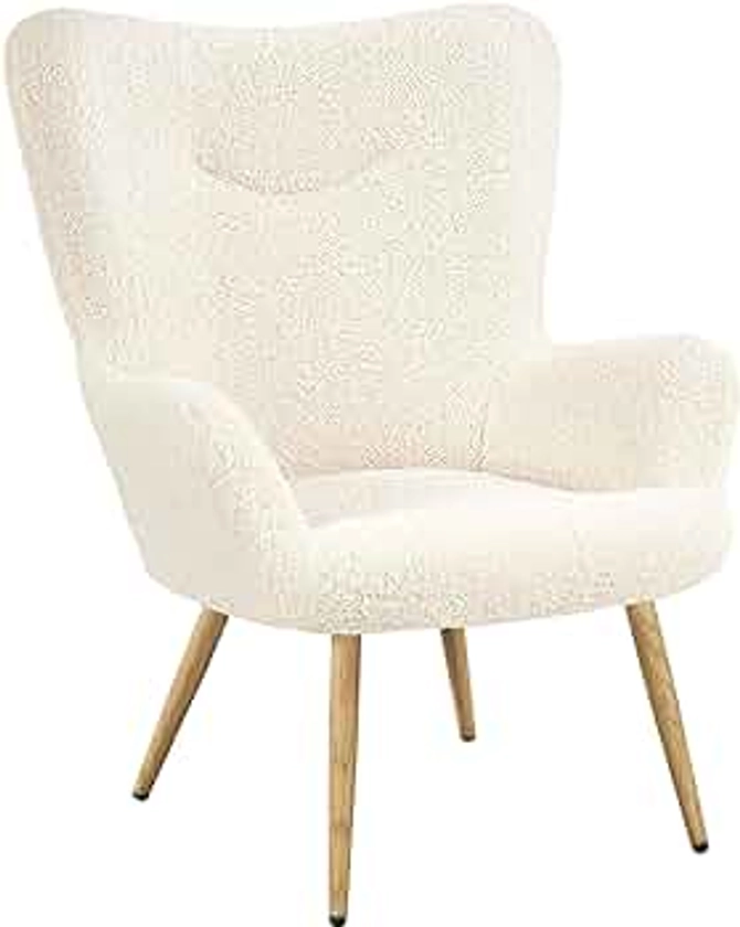 Yaheetech Boucle Vanity Chair, Modern Fluffy Accent Chair, Armchair with High Back and Wood-Tone Metal Legs, Downy Barrel Chair Soft Backrest for Living Room Bedroom Home Office, Ivory