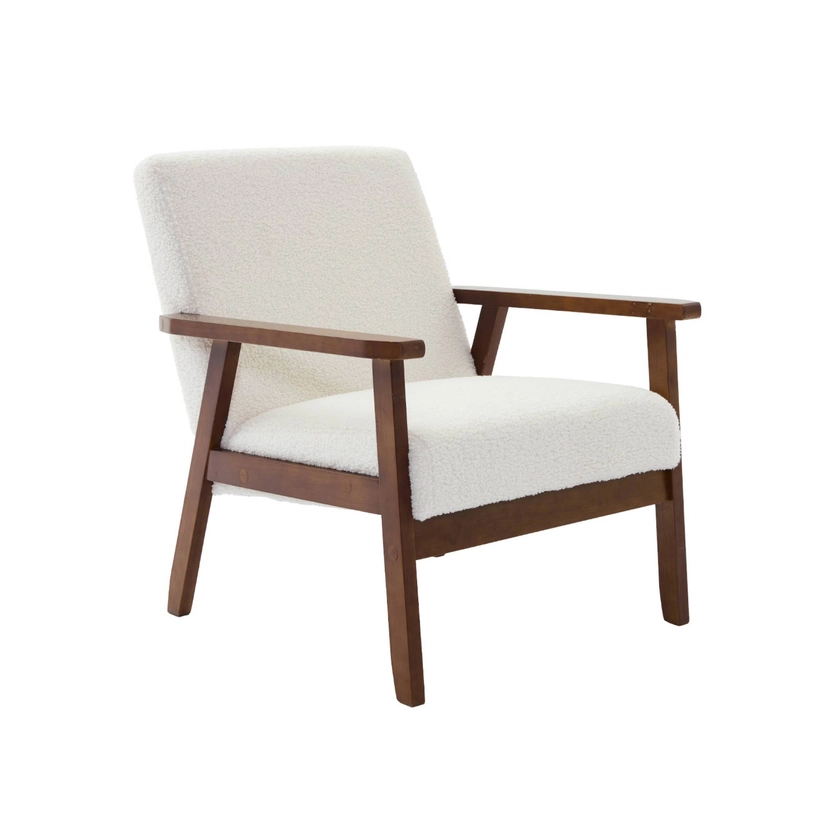 Fauteuil scandinave bouclettes et bois d&#39;hévéa teinté noyer clair  ISAK