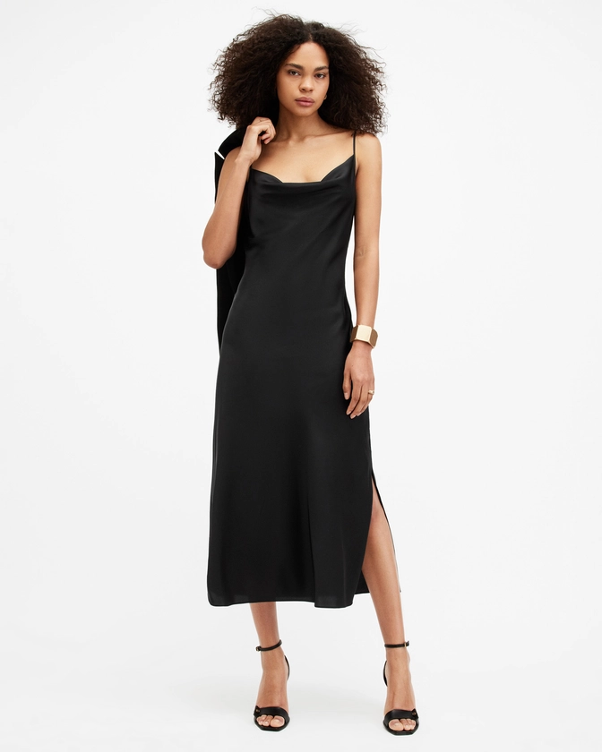 Hadley Cowl Neck Midi Slip Dress Black | ALLSAINTS