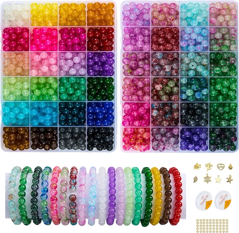 【2 Pack】 More Than 1300PCS Round Glass Beads for Jewelry Making,48 Colors 8mm Crystal Beads for Bracelets Jewelry Making and DIY Crafts, 2 Box Round Beads Suitable for Beginners. (Solid+Printing)