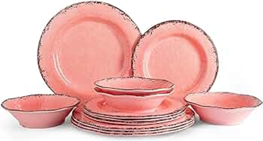 Melamine Dinnerware Sets, Farmhouse Dinnerware Set, Camping Dishes Set, BPA free and Lightweight, Durable Outdoor Plates and Bowls Set, Service for 4 (12 piece), (Pink)