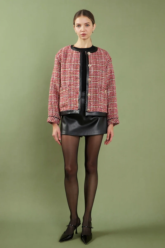 Faux Leather Trim Tweed Jacket