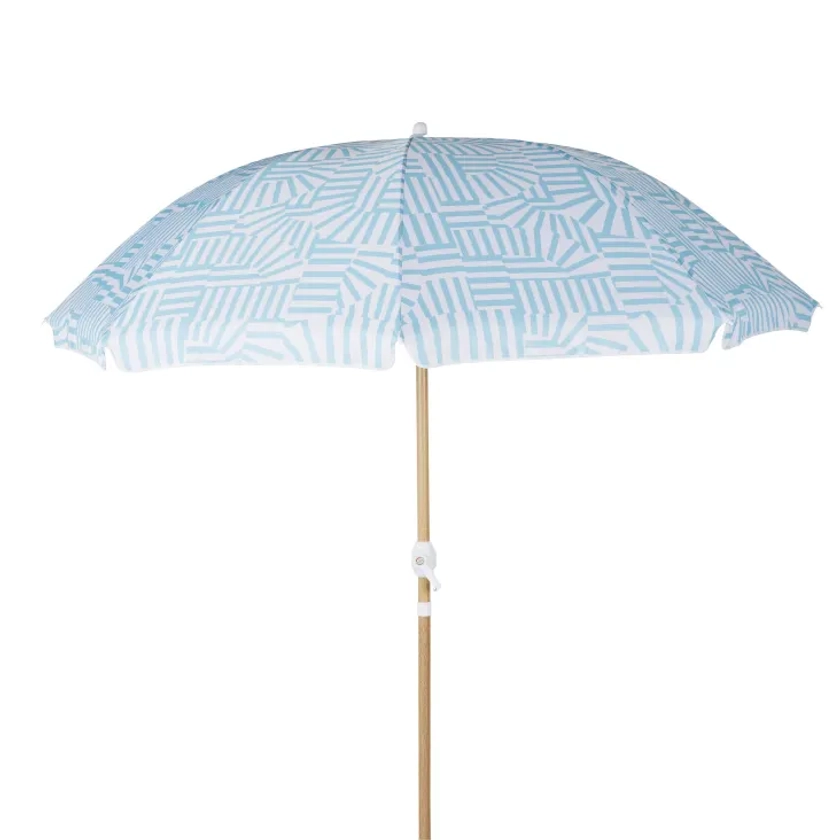Parasol vintage 2x2m en aluminium imitation bois et toile bleue et blanche Nicolo | Maisons du Monde