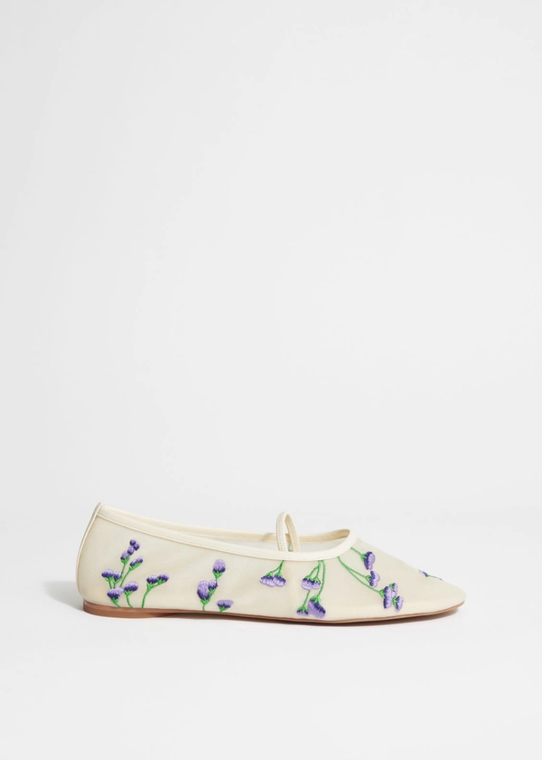 Floral-Embroidered Ballet Flats