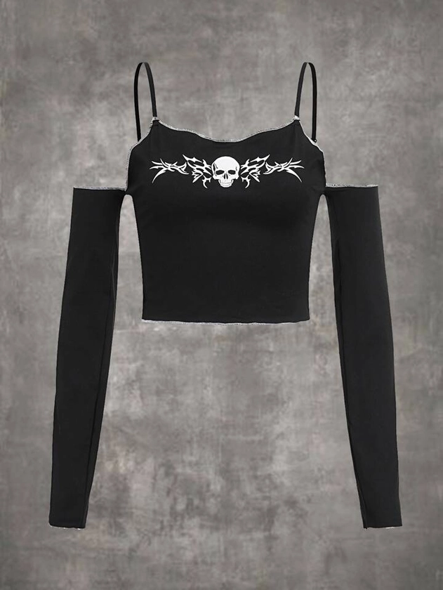 Grunge Punk Skull Graphic Stitching Trim Cold Shoulder Crop Top