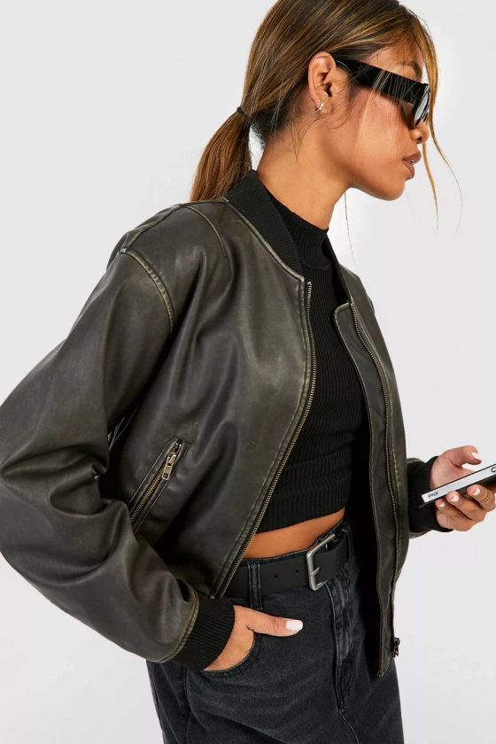 Vintage Look Faux Leather Oversized Cropped Bomber Jacket