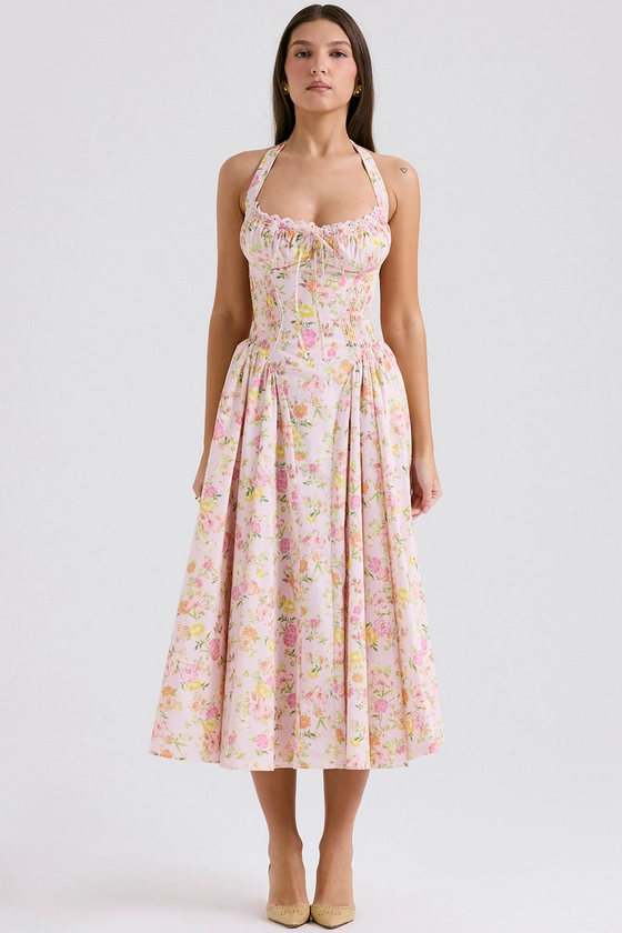 Clothing : Midi Dresses: 'Adabella' Pink Meadow Print Halter Midi Sundress