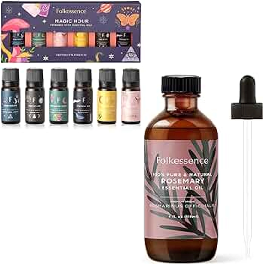 Folkulture Essential Oils Set for Diffusers for Home, Set of 6 Essential Oil Blend Aromatherapy with Folkulture Rosemary Essential Oils for Hair Growth, 4 Fl Oz - 100% Pure, Organic, Natural