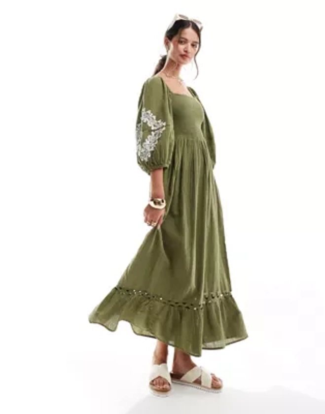 Accessorize ruched puff sleeve maxi beach dress in olive green | ASOS