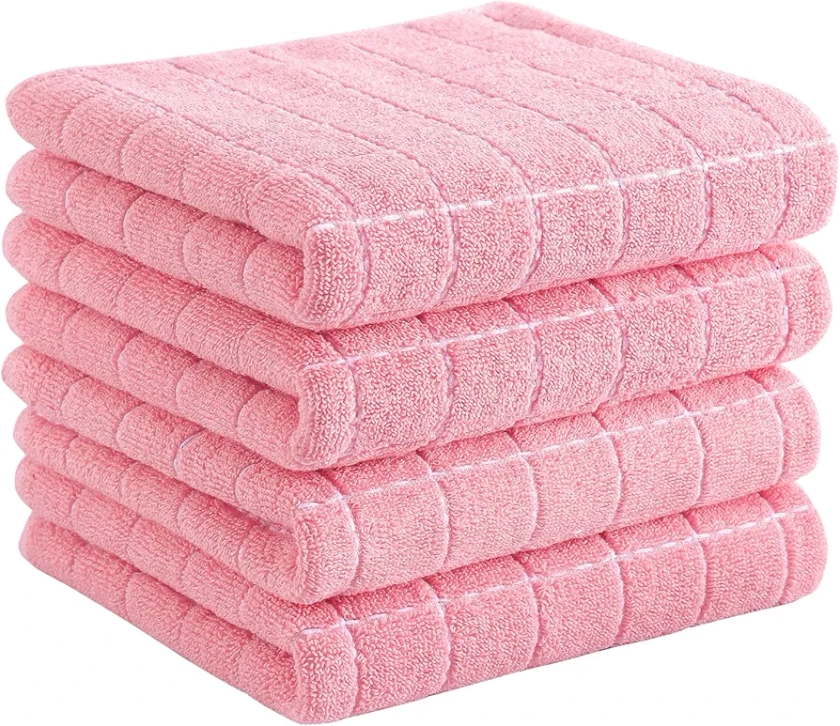 Homaxy 100% Cotton Terry Kitchen Towels(Pink, 13 x 28 inches), Checkered Designed, Soft and Super Absorbent Dish Towels, 4 Pack