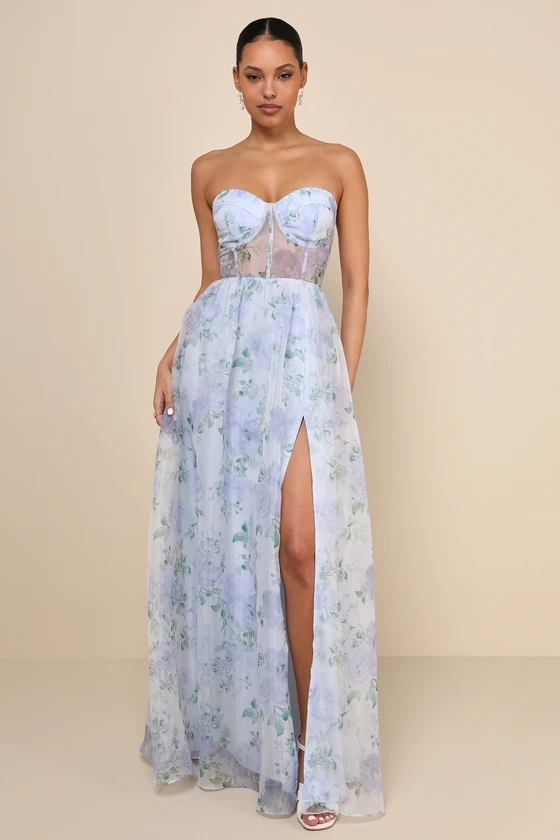Charming Sweetness Periwinkle Floral Organza Bustier Maxi Dress