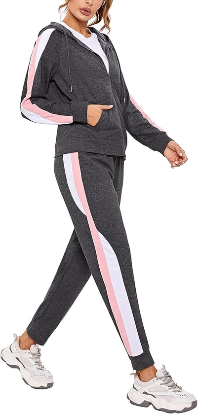 Litherday Survêtement Femme Coton Rayé Ensemble Sportswear à Manches Longues Ensemble de Sport à Capuche Zippé 2 Pièces pour Fitness Jogging