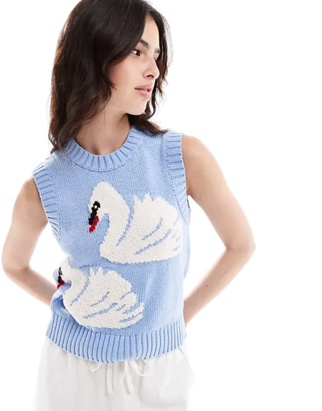 ASOS DESIGN knitted tank top with swan pattern in blue