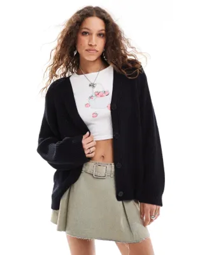 Monki cable knit boxy button front cardigan in black | ASOS