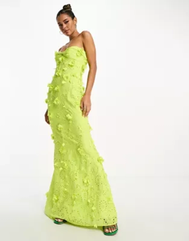 ASOS DESIGN bandeau broderie maxi dress with floral corsage detail in lime green | ASOS