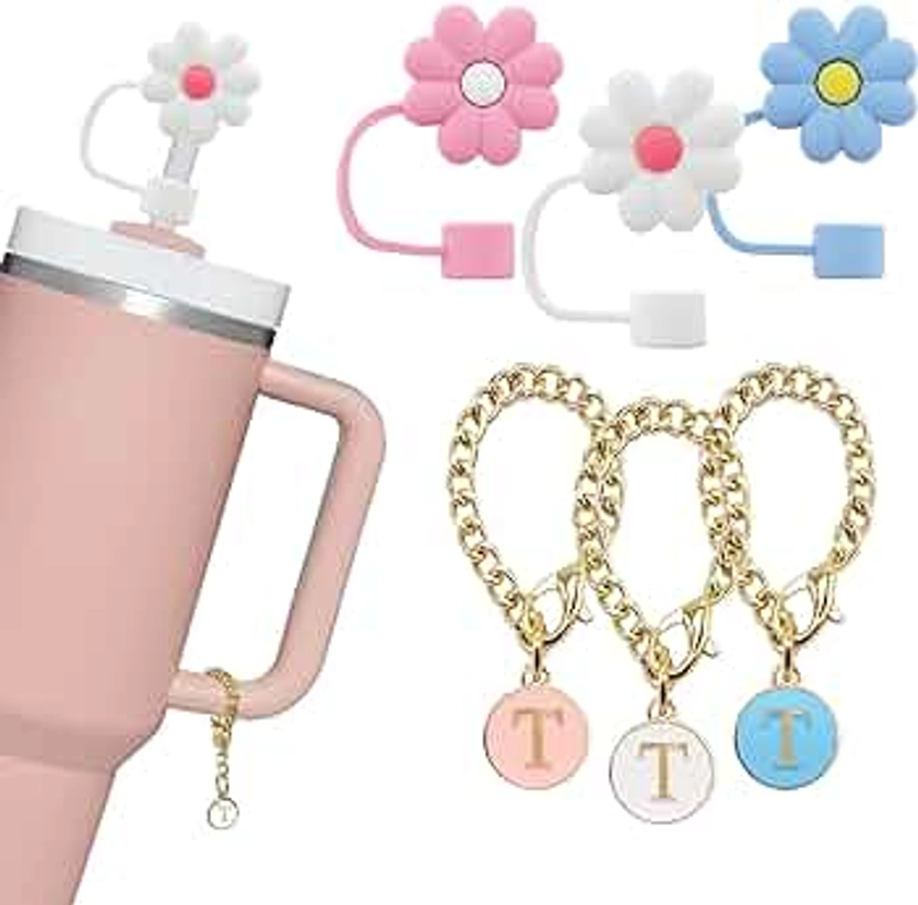 3PCS 10mm Flowers Shape Straw cover Cap& 3pcs Name ID Letter Handle Charm，Dust-Proof Reusable Silicone Straw Tops Compatible with Stanley 30&40 oz Glasses with Handles(T)