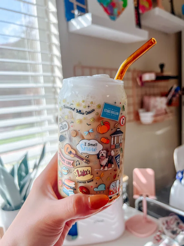 Gilmore Girls Glass Can | Aesthetic Iced Coffee Cup | Coffee Glass Cup | Stars Hollow Glass | Boho Iced Coffee Glass