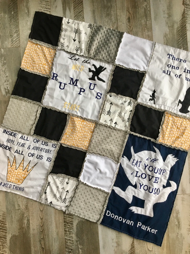 Custom Personalized Where the wild things are bedding , Blue Black Yellow Gray Let the wild rumpus start blanket, Nursery crib quilt