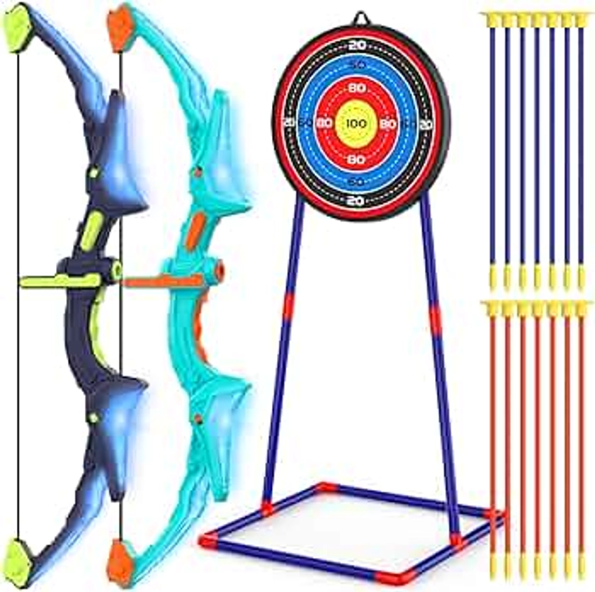 2 Pack Bow and Arrow Set for Kids, Light Up Archery Set with 14 Suction Cup Arrows, Archery Targets Outdoor Games for Kids Ages 4-8 8-12, Birthday Gifts Toys for 5 6 7 8 9 10 11 12 Year Old Boys Girls