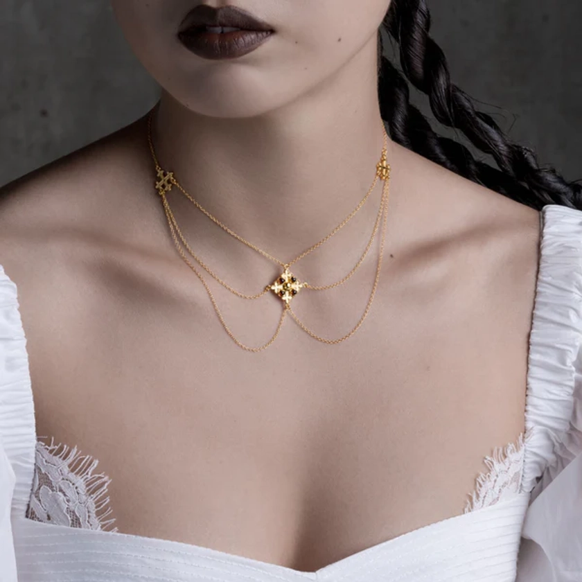 ELVIRA. Medieval Cross Garnet Necklace - Gold