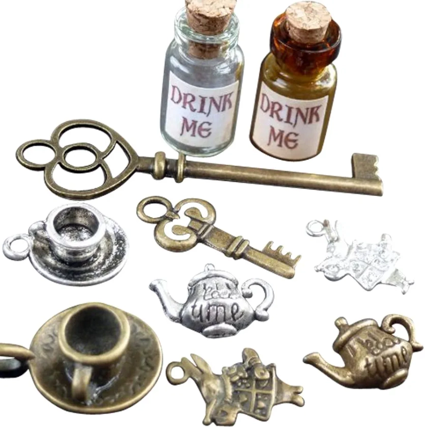 UMBRELLALABORATORY 10pcs Alice in Wonderland Party Supplies, jewelry making charms, Decoration, Fairy Drink me Potion Bottle with Cork Costume Accessory, tea pot, tea cup, rabbits, keys lot