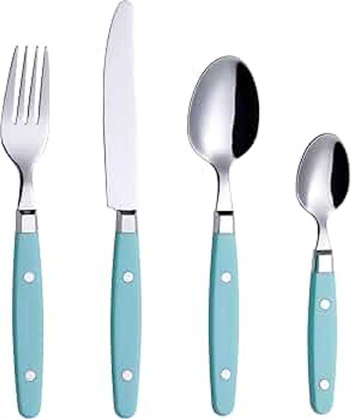 EXZACT Cutlery Set 24pcs Stainless Steel - with Rivet Craft Handles/Retro Style Flatware - 6 x Dinner Forks, 6 x DinnerKnives, 6 x Table Spoons, 6 x Tea Spoons -Serves 6 (Turquoise)