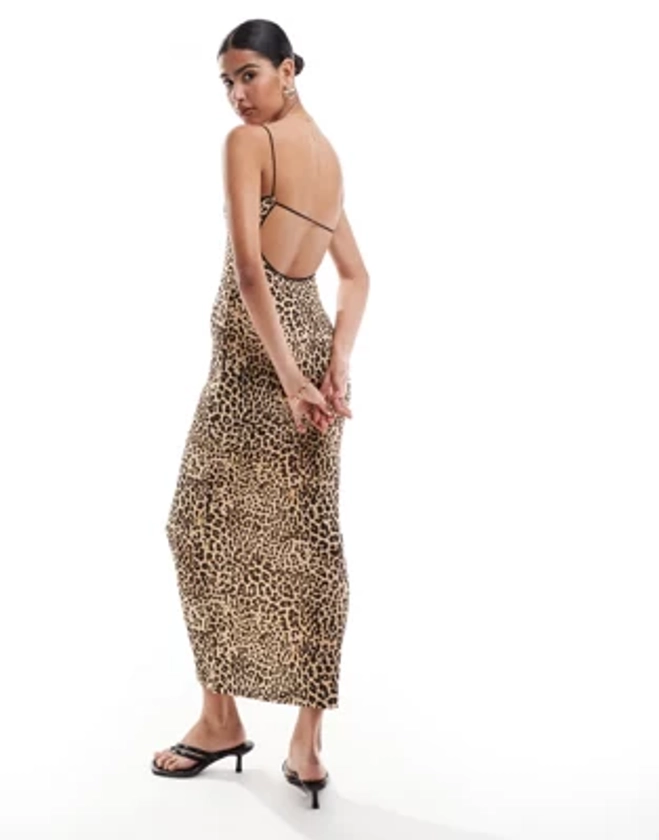 Bershka contrast trim strappy maxi dress in leopard print | ASOS