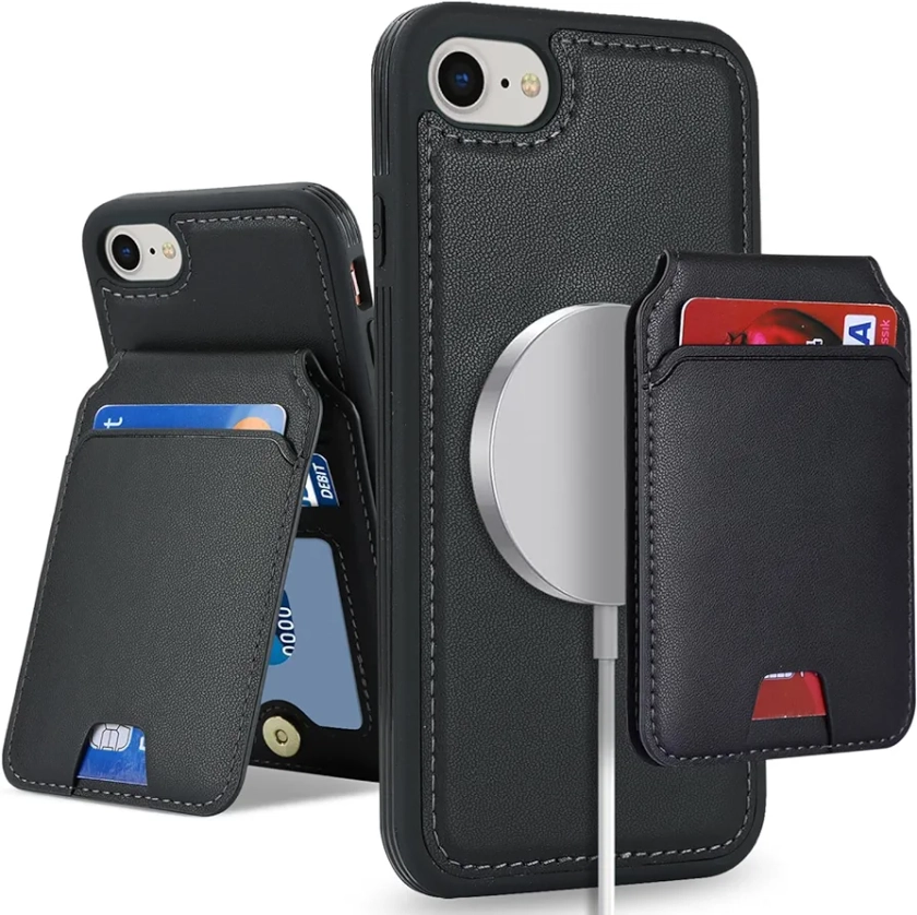 SailorTech iPhone 8/7 case with Credit Card Holder mag Safe, iPhone 7/8/SE2/SE3 Phone Leather Case Wallet for Women Compatible mag Safe Wallet Detachable 2-in-1 for Men-Black