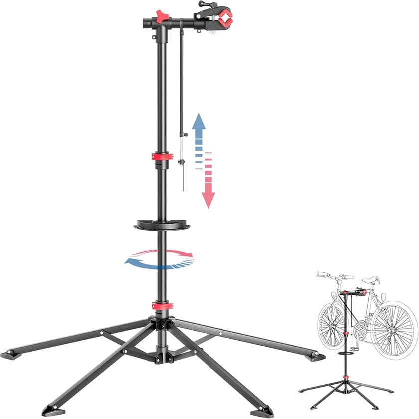 KARAT - Pied de montage vélo jusqu'à 30 kg - Support de réparation professionnel avec plateau à outils, Pivotant, Pliable, Hauteur réglable - 128 L x 128 l x 113,5 - 193 H cm, Noir-Rouge (Lois)