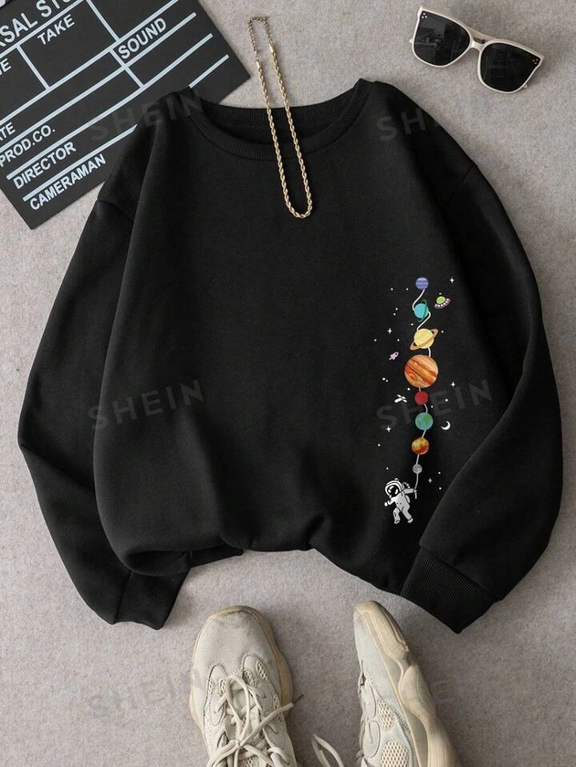 SHEIN Essnce Astronaut And Planet Print Thermal Lined Sweatshirt for Sale Australia| New Collection Online| SHEIN Australia