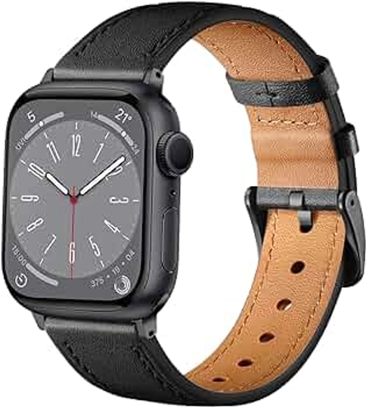 CeMiKa Leather Straps Compatible for Apple Watch Strap 41mm 40mm 38mm, Genuine Leather Replacement Strap Compatible with iWatch Series 9 8 7 6 5 4 3 2 1 SE/Ultra, Men and Women, Black