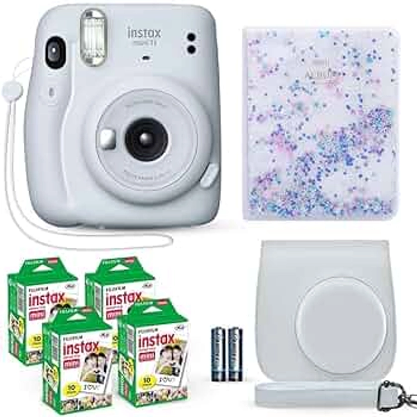 Fujifilm Instax Mini 11 Instant Camera Ice White + Fuji Film Value Pack (40 Sheets) + Shutter Accessories Bundle, Incl. Compatible Carrying Case, Quicksand Beads Photo Album 64 Pockets