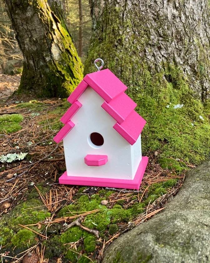 Traditional Eco-Friendly Poly Birdhouse, White with Pink Roof