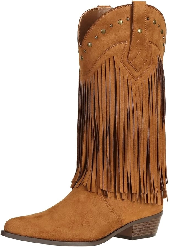 SheSole Women's Fringe Black Mid Wide Calf Cowgirl Cowboy Boots