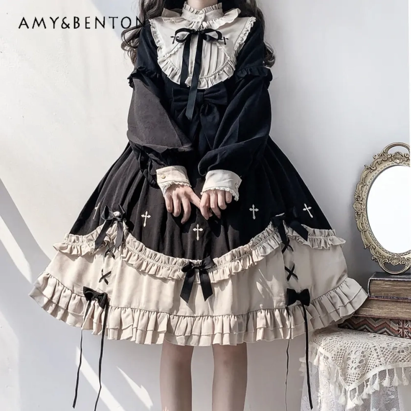 Vestidos Midi de estilo japonés Lolita para mujer, Vestido de manga larga de otoño e invierno - AliExpress