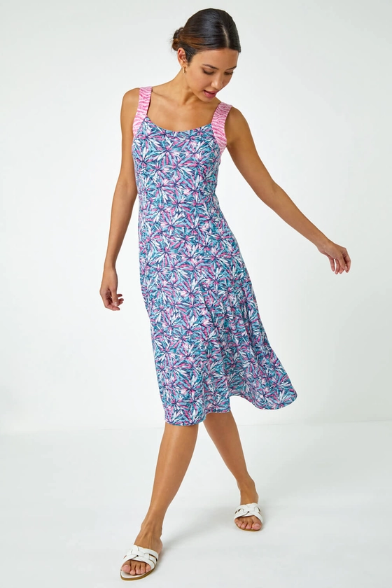 Pink Sleeveless Contrast Floral Print Dress | Roman UK