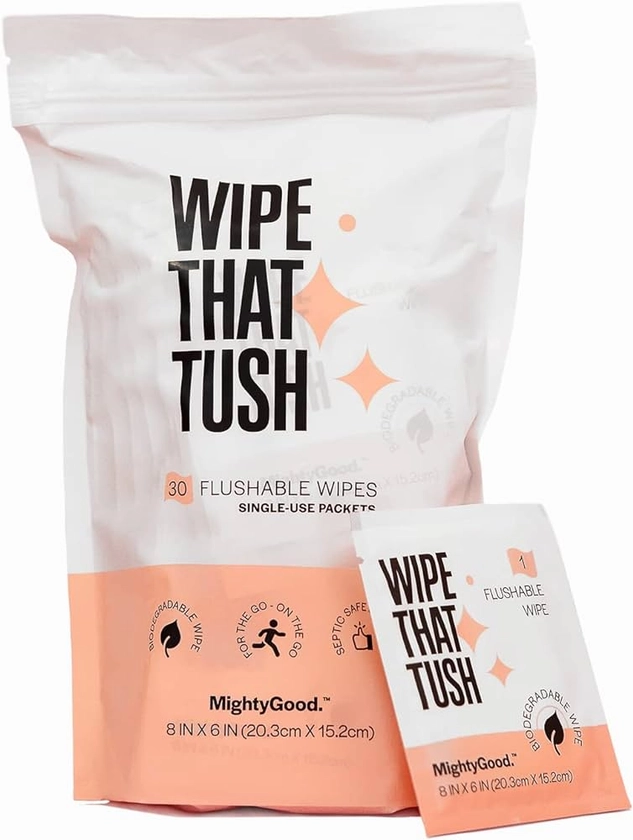 Amazon.com: MightyGood. Wipe That Tush On-The-Go Flushable Wet Wipes - 1 Pack, 30 Wipes - Individually Wrapped Extra-Large Wipes with Aloe - Hypoallergenic & Unscented - Septic and Sewer Safe : Health & Household