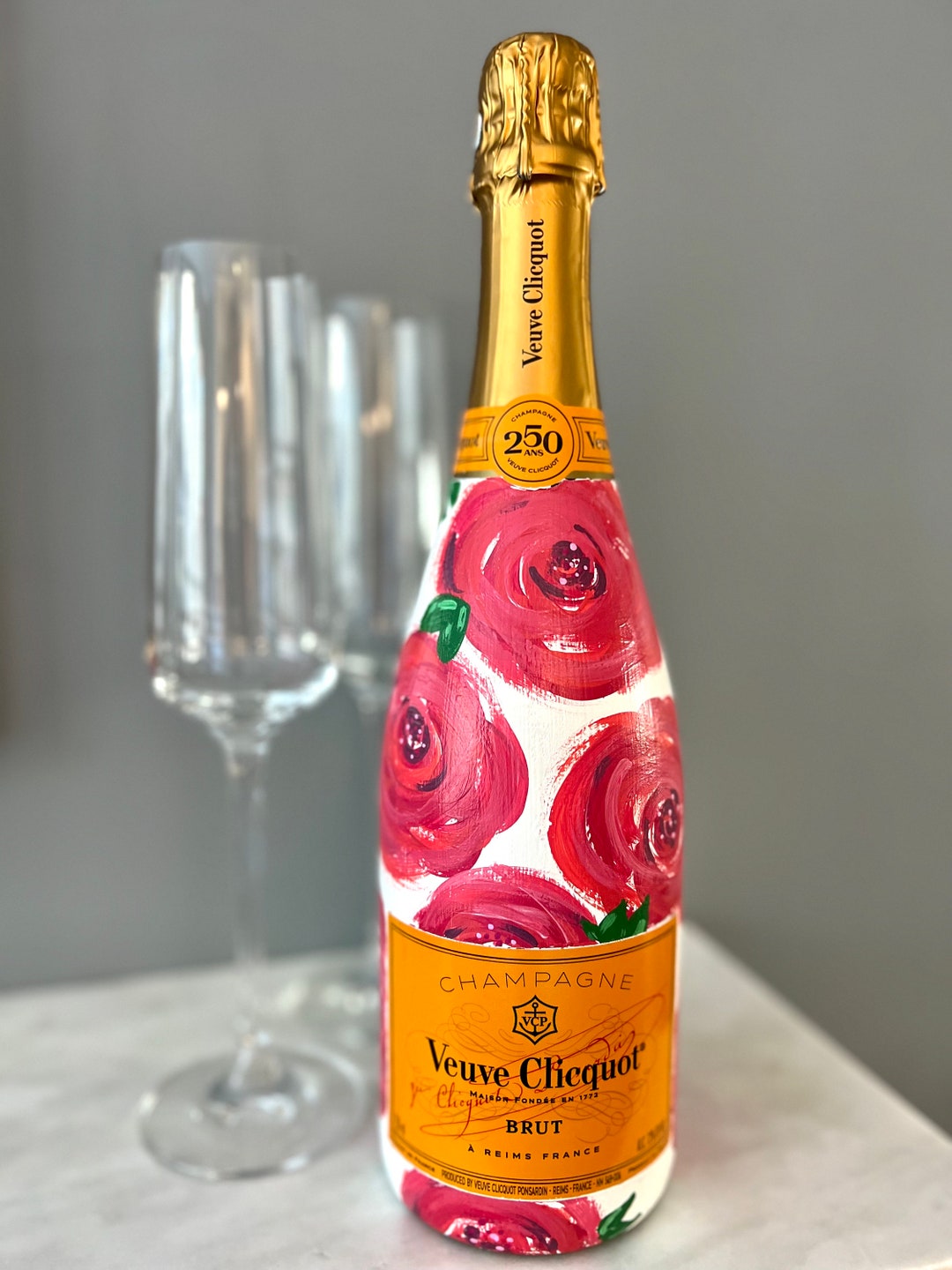 Painted Champagne Bottle ~ Personalized & Customized to your occasion! Pink Floral.