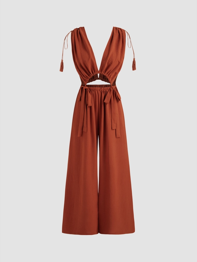 Two Way V-neck Solid Drawstring Knotted Wide Leg Jumpsuit