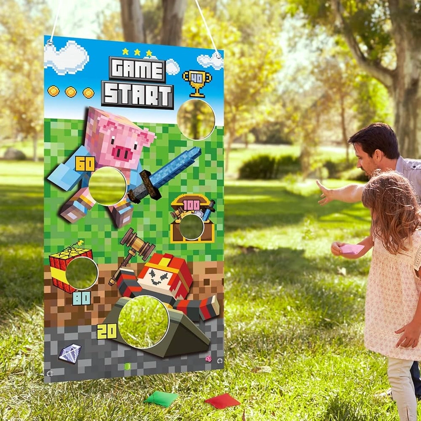 Toss Games Kit Includes 3 Bean Bags 1 Pixel Throwing Games Banner, Bean Bag Game Sets for Indoor Outdoor Birthday Party Decorations