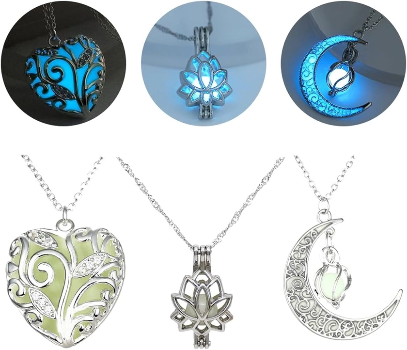 Fantasy Glow in the Dark Crescent Moon, Heart, and Flower Necklaces - Jewelry Charms Pendants for Women - Fairy, witches, Space Necklace