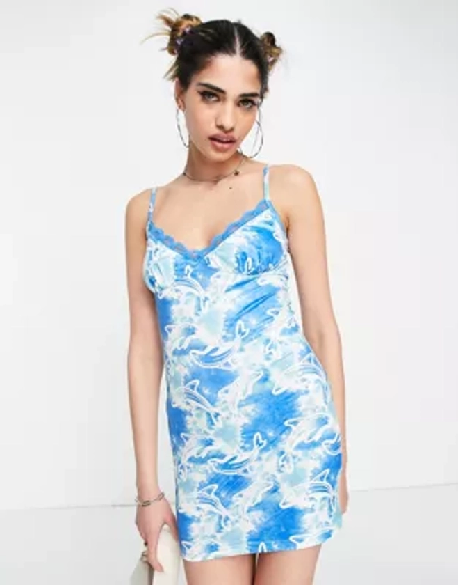 Elsie & Fred 90s cami mini dress with lace detail in retro dolphin print