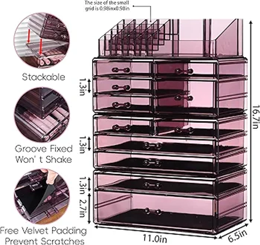 Cq acrylic Large Capacity Makeup Countertop Organizer for Vanity,Bathroom and Bedroom Purple Desk Storage Drawer for Skin Care,Brushes, Eyeshadow, Lotions, Lipstick, Nail Polish Organizing,11 Drawers