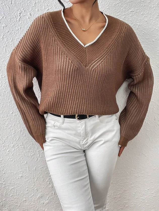 SHEIN Privé Women's Simple Solid Color Long Sleeve V-Neck Pullover Sweater