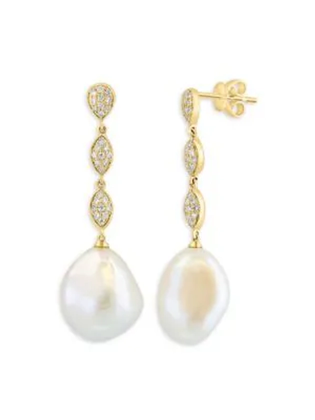 14K Yellow Gold, 11-13MM Baroque Freshwater Pearl &amp; Diamond Drop Earrings