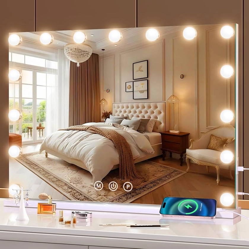 halumao Hollywood Vanity Mirror with Lights, 58 x 46 cm Makeup Mirror with Lights, USB and Type-C Output Ports, 3 Color Modes, Smart Touch Control, Tabletop or Wall Mounted Mirror For Bedroom