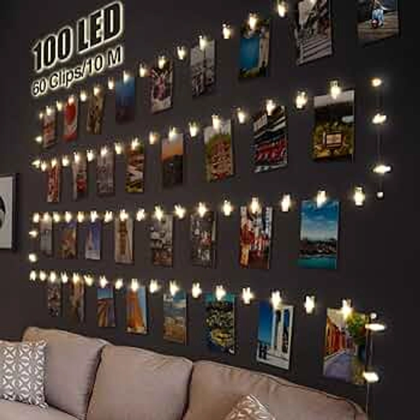 litogo 100 LED Photo Clip String Lights, 10M Battery Powered Fairy Lights with 60 Clips Hanging Photos, Mini Silver Wire Polaroid Peg Lights for Birthday Party Picture Card Decorations