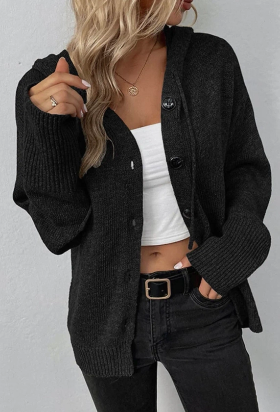 KNITTED HOODED BUTTON-DOWN CARDIGAN IN BLACK