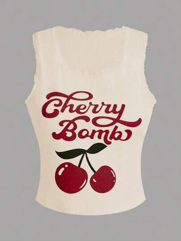 Kawaii Plus Size Summer Cherry & Letter Printed Slim Fit Tank Top